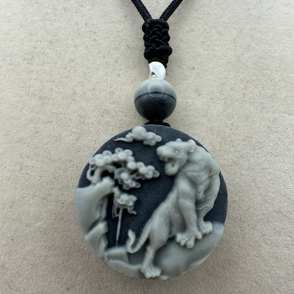 Jewelry - Tai Chi Stone Tiger Pendant Necklace with Silver Accent Bead on Adjustable Rope